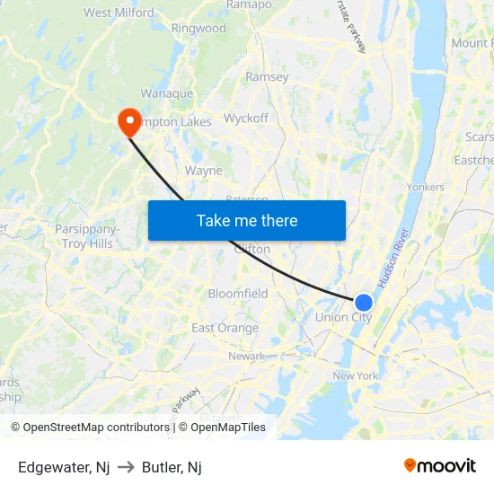 Edgewater to Butler, Nj map