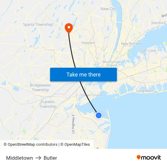 Middletown to Butler map