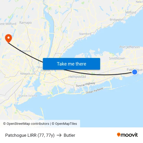 Patchogue LIRR (77, 77y) to Butler map