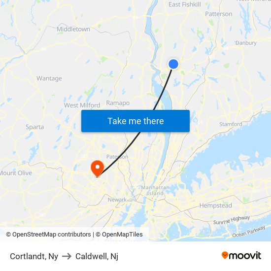 Cortlandt, Ny to Caldwell, Nj map