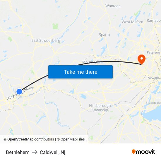 Bethlehem to Caldwell, Nj map
