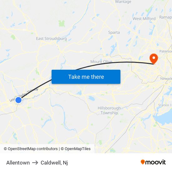 Allentown to Caldwell, Nj map