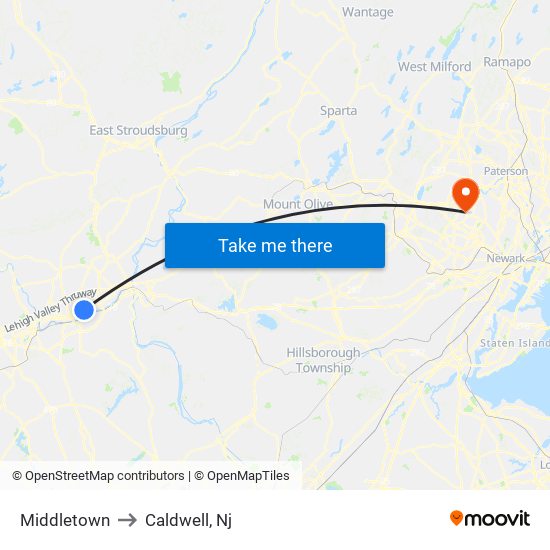 Middletown to Caldwell, Nj map