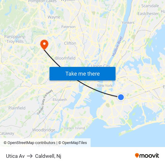 Utica Av to Caldwell, Nj map