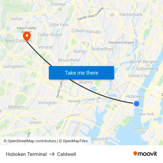 Hoboken Terminal to Caldwell map