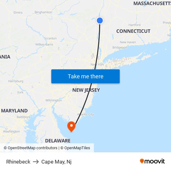 Rhinebeck to Cape May, Nj map