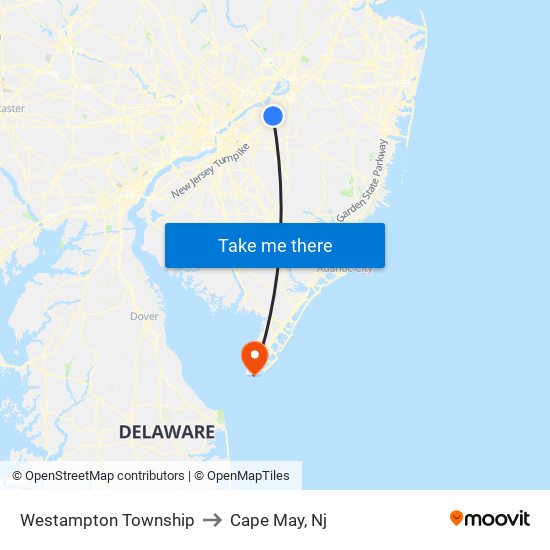 Westampton Township to Cape May, Nj map