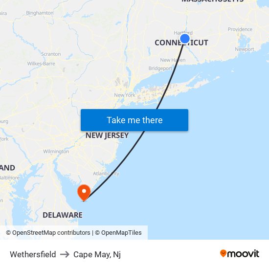 Wethersfield to Cape May, Nj map