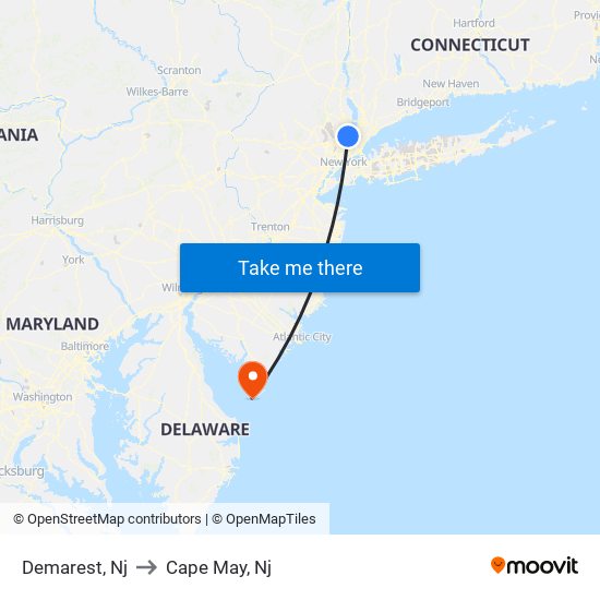 Demarest, Nj to Cape May, Nj map