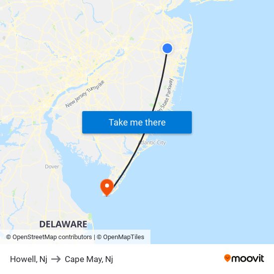 Howell, Nj to Cape May, Nj map