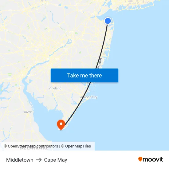 Middletown to Cape May map