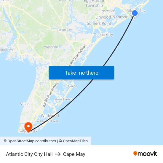 Atlantic City City Hall to Cape May map