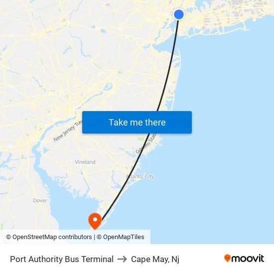 Port Authority Bus Terminal to Cape May, Nj map