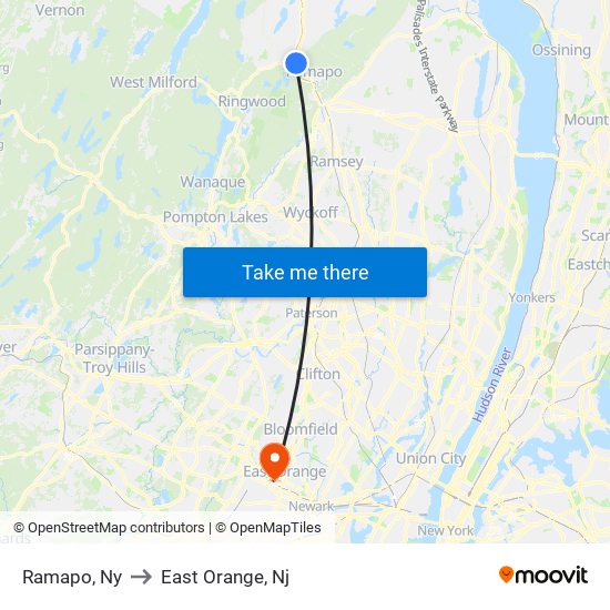 Ramapo, Ny to East Orange, Nj map