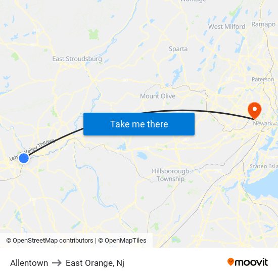 Allentown to East Orange, Nj map