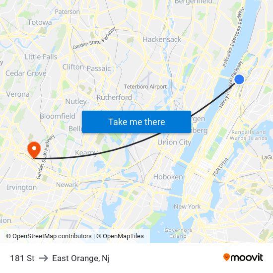 181 St to East Orange, Nj map