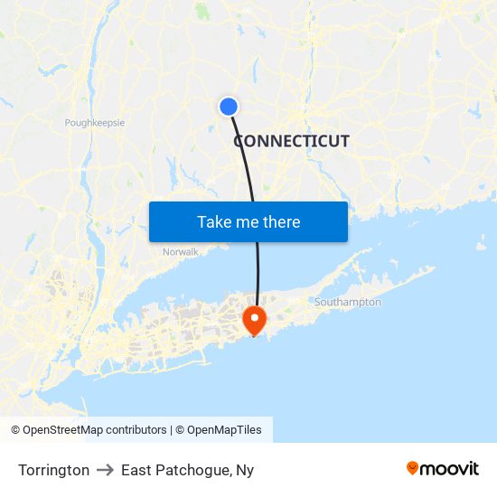 Torrington to East Patchogue, Ny map