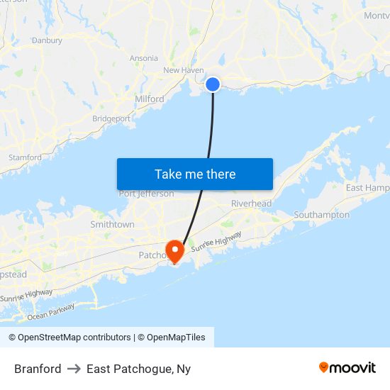 Branford to East Patchogue, Ny map