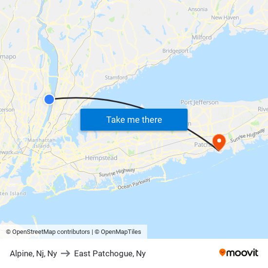 Alpine, Nj, Ny to East Patchogue, Ny map