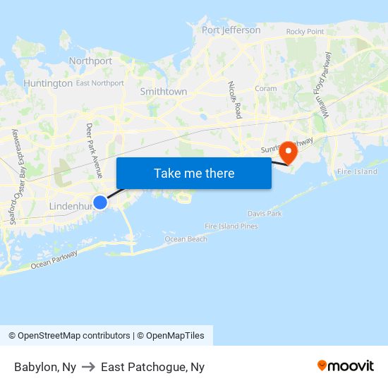 Babylon, Ny to East Patchogue, Ny map