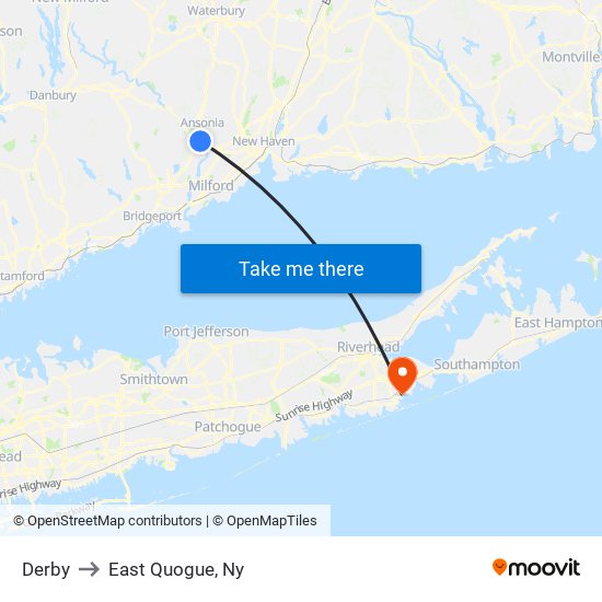 Derby to East Quogue, Ny map