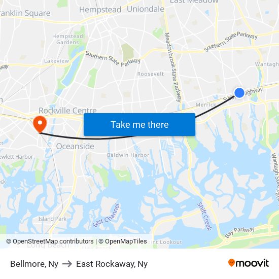 Bellmore, Ny to East Rockaway, Ny map