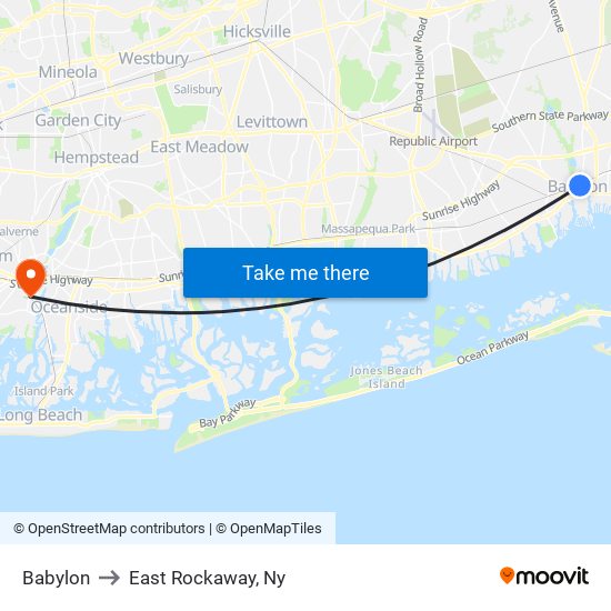 Babylon to East Rockaway, Ny map