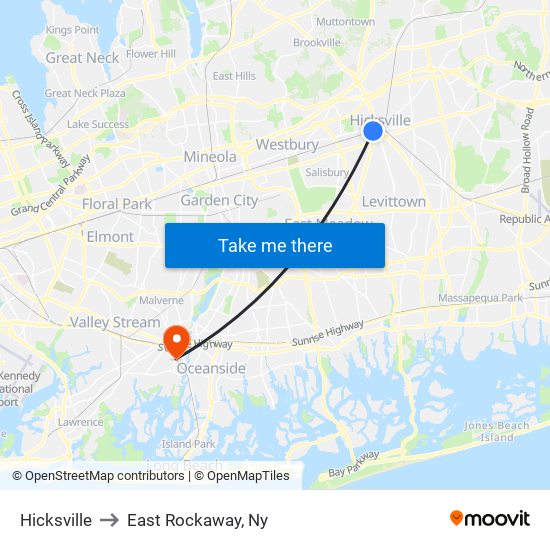 Hicksville to East Rockaway, Ny map