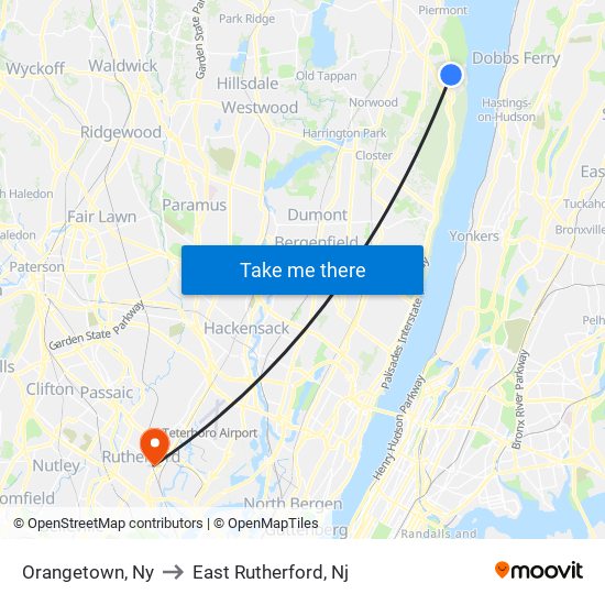 Orangetown, Ny to East Rutherford, Nj map