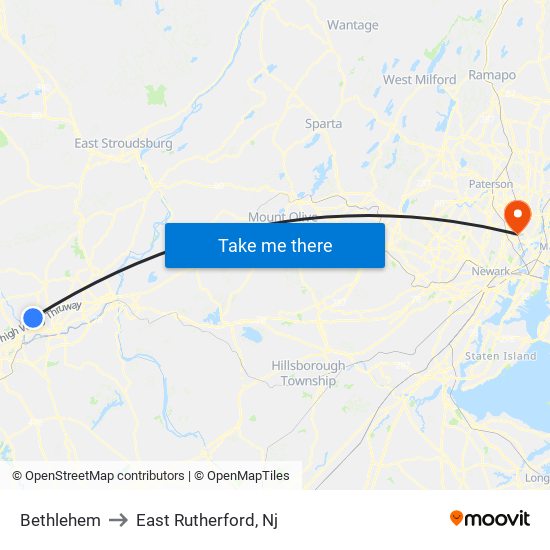 Bethlehem to East Rutherford, Nj map