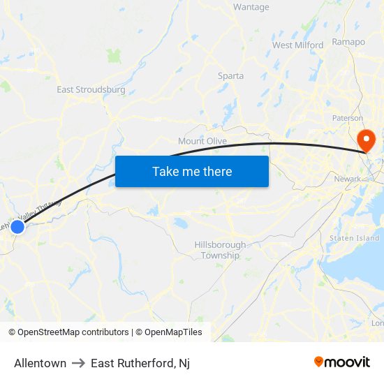 Allentown to East Rutherford, Nj map