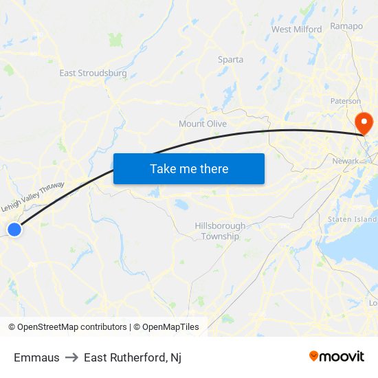 Emmaus to East Rutherford, Nj map