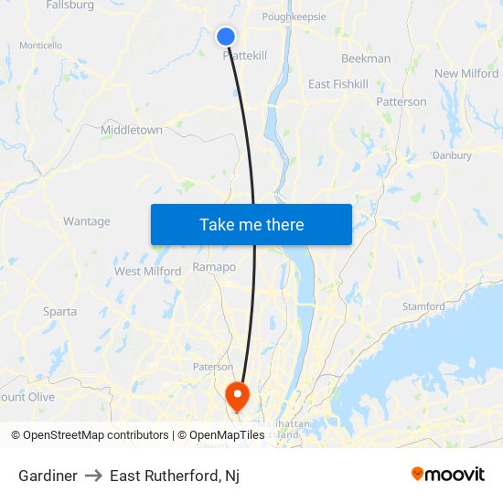 Gardiner to East Rutherford, Nj map