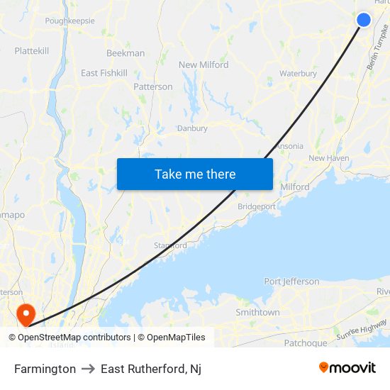 Farmington to East Rutherford, Nj map