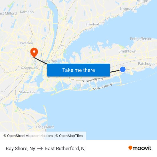 Bay Shore, Ny to East Rutherford, Nj map
