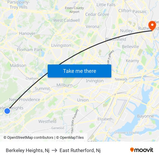 Berkeley Heights, Nj to East Rutherford, Nj map