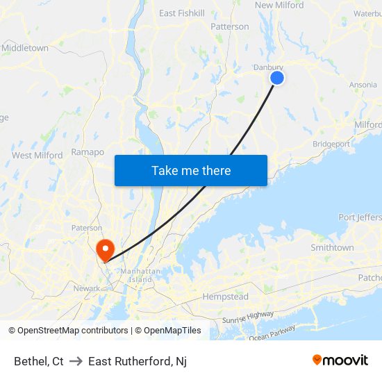 Bethel, Ct to East Rutherford, Nj map