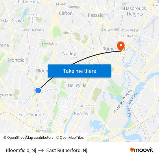 Bloomfield, Nj to East Rutherford, Nj map