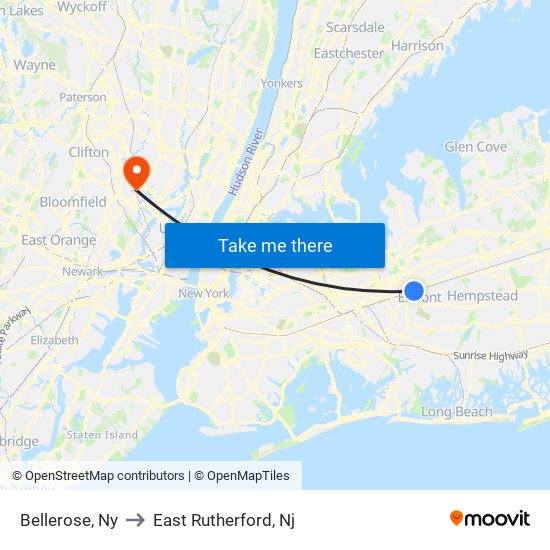 Bellerose, Ny to East Rutherford, Nj map