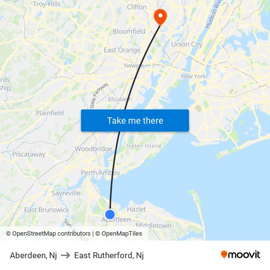 Aberdeen, Nj to East Rutherford, Nj map
