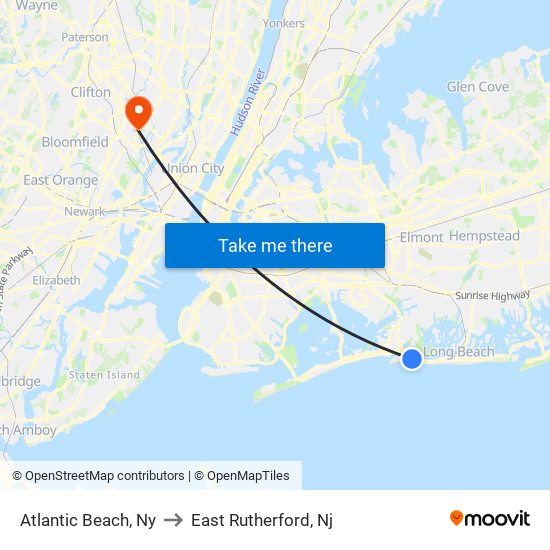 Atlantic Beach, Ny to East Rutherford, Nj map
