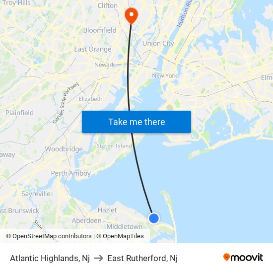 Atlantic Highlands, Nj to East Rutherford, Nj map