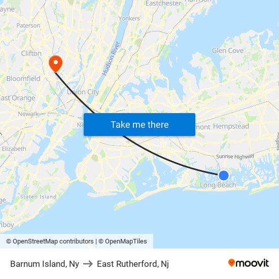 Barnum Island, Ny to East Rutherford, Nj map