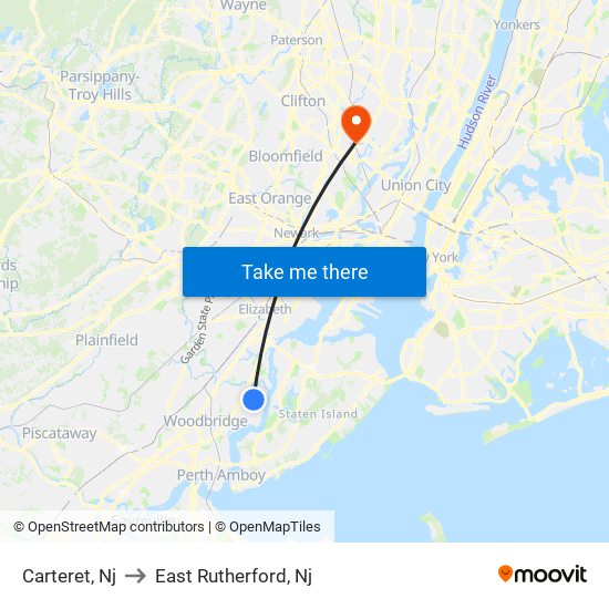 Carteret, Nj to East Rutherford, Nj map