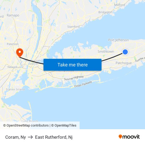 Coram, Ny to East Rutherford, Nj map
