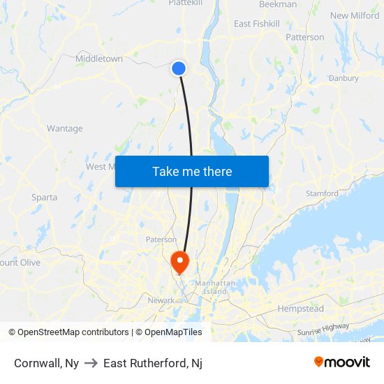 Cornwall, Ny to East Rutherford, Nj map