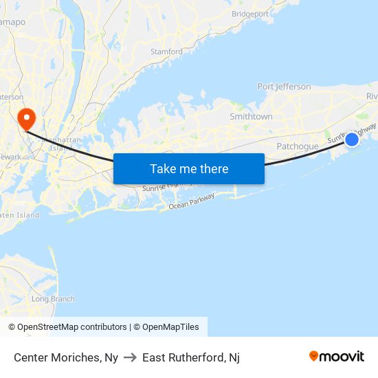 Center Moriches, Ny to East Rutherford, Nj map