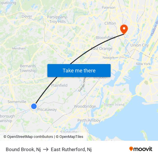 Bound Brook, Nj to East Rutherford, Nj map