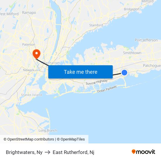 Brightwaters, Ny to East Rutherford, Nj map