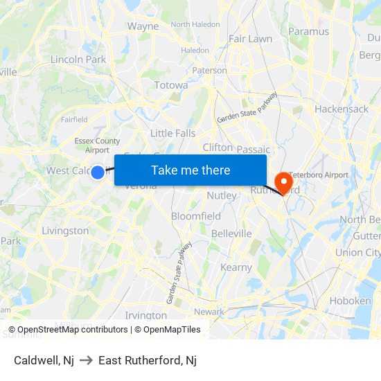 Caldwell, Nj to East Rutherford, Nj map